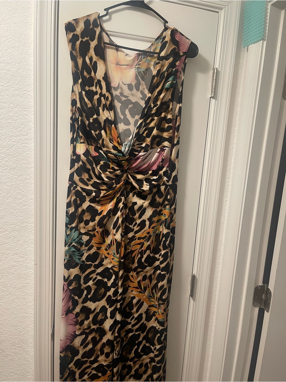 Fashion Nova Leopard Print Jumpsuit with Pink, Teal & Mustard Floral Accents